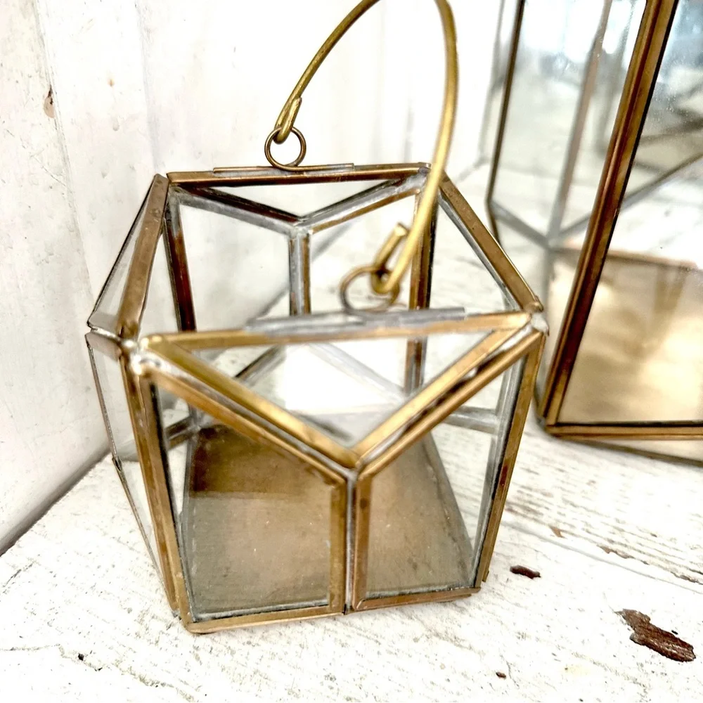 Brass & Glass Terrarium Candleholder Pair Lanterns Geometric Bohemian Decor